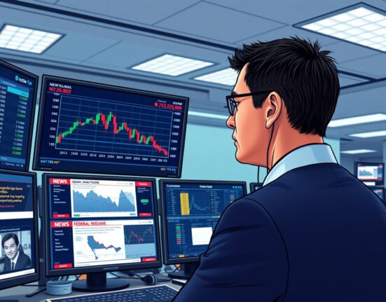 Financial trader analyzing NZD/USD currency charts amid market volatility from geopolitical tensions and Federal Reserve decisions.
