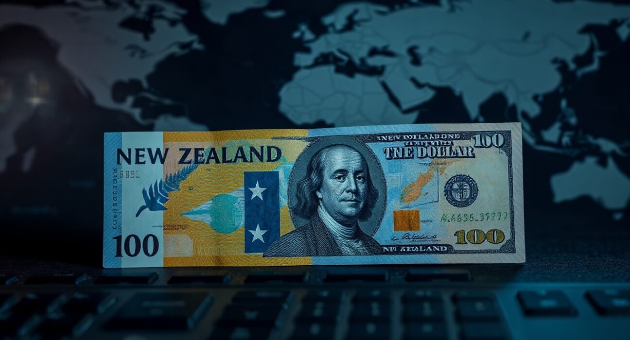New Zealand Dollar and US Dollar banknotes on a financial desk with a world map background