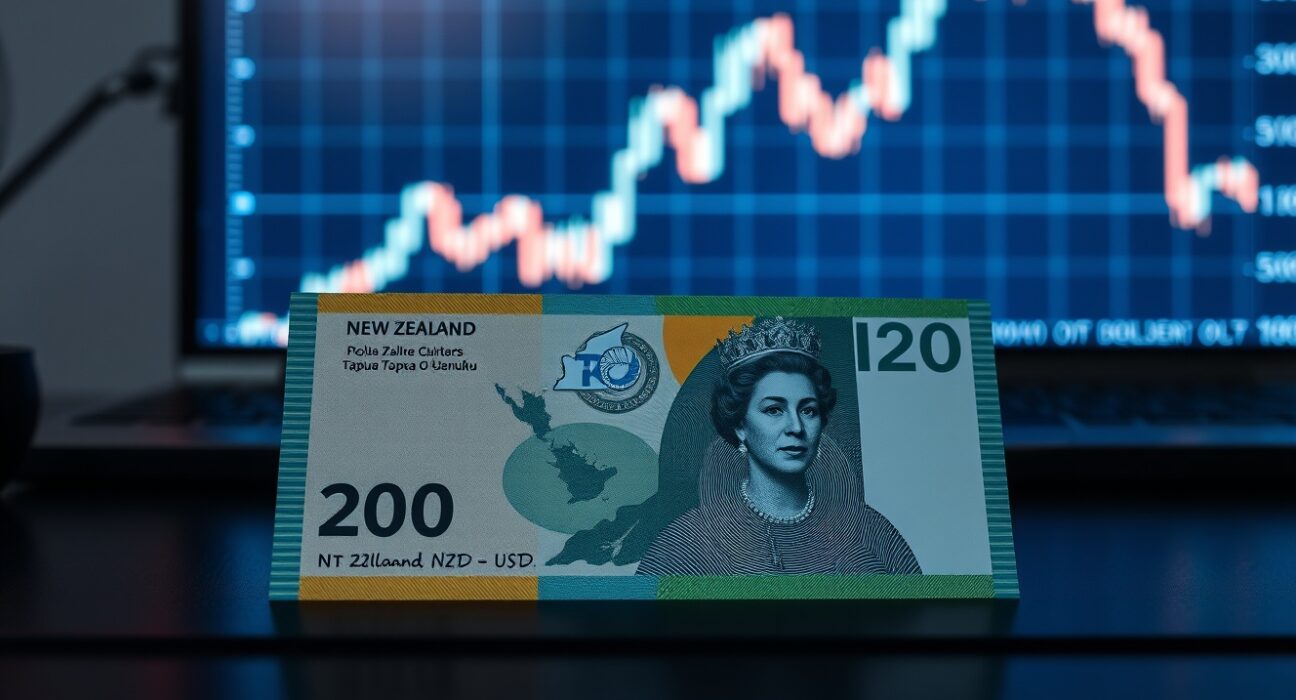 New Zealand Dollar banknote with digital forex chart overlay showing downward trend