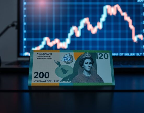 New Zealand Dollar banknote with digital forex chart overlay showing downward trend