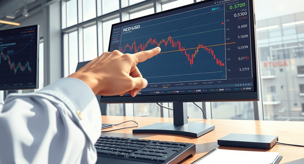 NZD/USD price forecast analysis showing chart testing critical support at 0.5700 level on trading desk monitor.