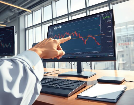 NZD/USD price forecast analysis showing chart testing critical support at 0.5700 level on trading desk monitor.
