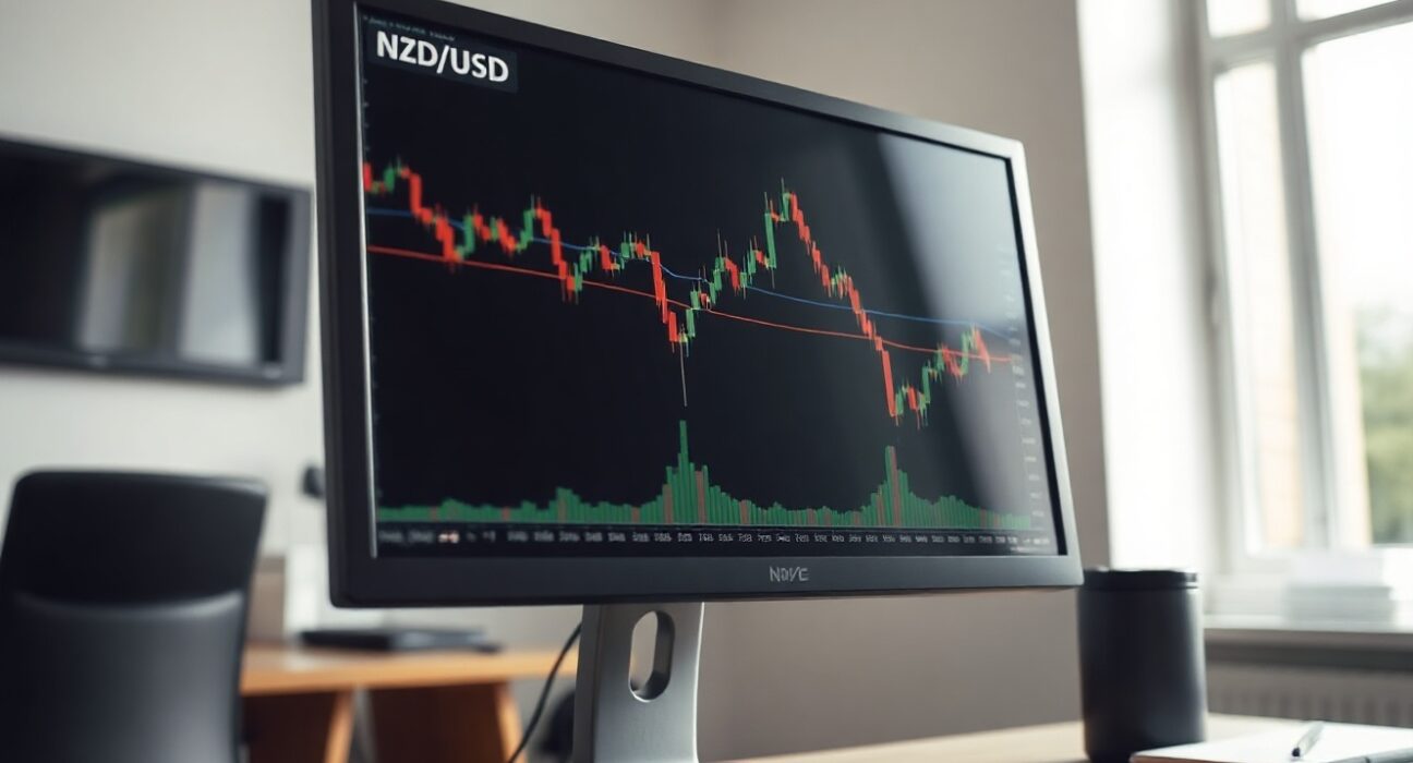 NZD/USD chart on trading screen approaching 0.5860 support level