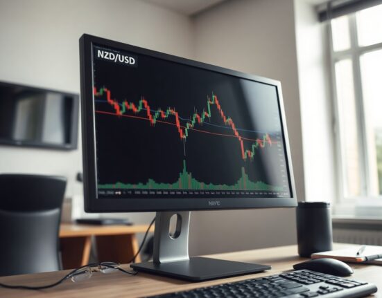 NZD/USD chart on trading screen approaching 0.5860 support level