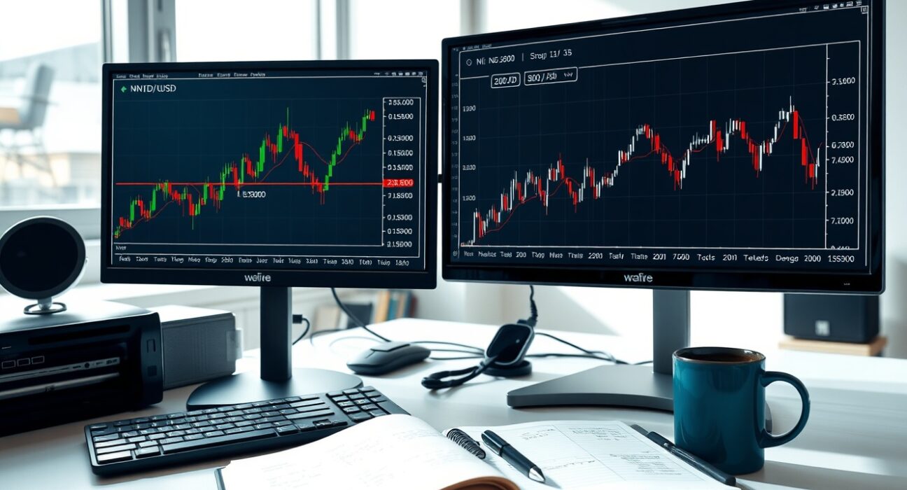 NZD/USD price forecast analysis showing trading desk with real-time charts near 0.5800 level and 200-day SMA indicator