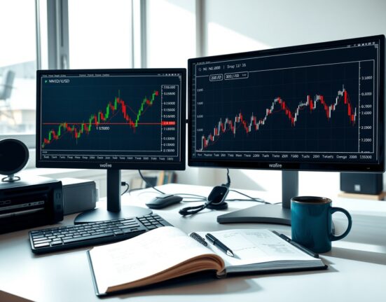 NZD/USD price forecast analysis showing trading desk with real-time charts near 0.5800 level and 200-day SMA indicator