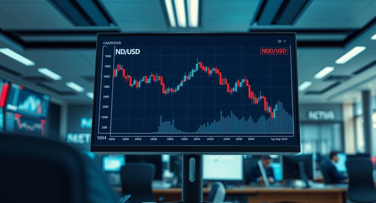 Forex trading monitor displaying NZD/USD chart with bearish trend