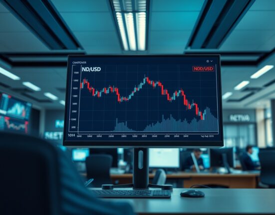 Forex trading monitor displaying NZD/USD chart with bearish trend