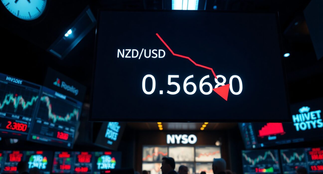 NZD/USD trading screen showing bearish trend with price near 0.5680 on a trading floor