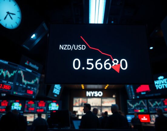 NZD/USD trading screen showing bearish trend with price near 0.5680 on a trading floor