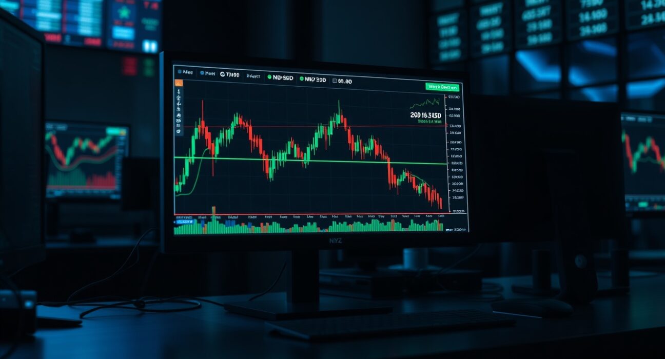 Forex trading monitors showing NZD/USD bearish chart pattern approaching 0.5700 support level