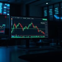 Forex trading monitors showing NZD/USD bearish chart pattern approaching 0.5700 support level