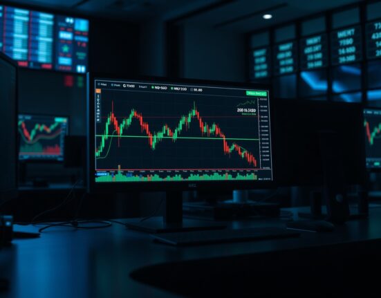 Forex trading monitors showing NZD/USD bearish chart pattern approaching 0.5700 support level