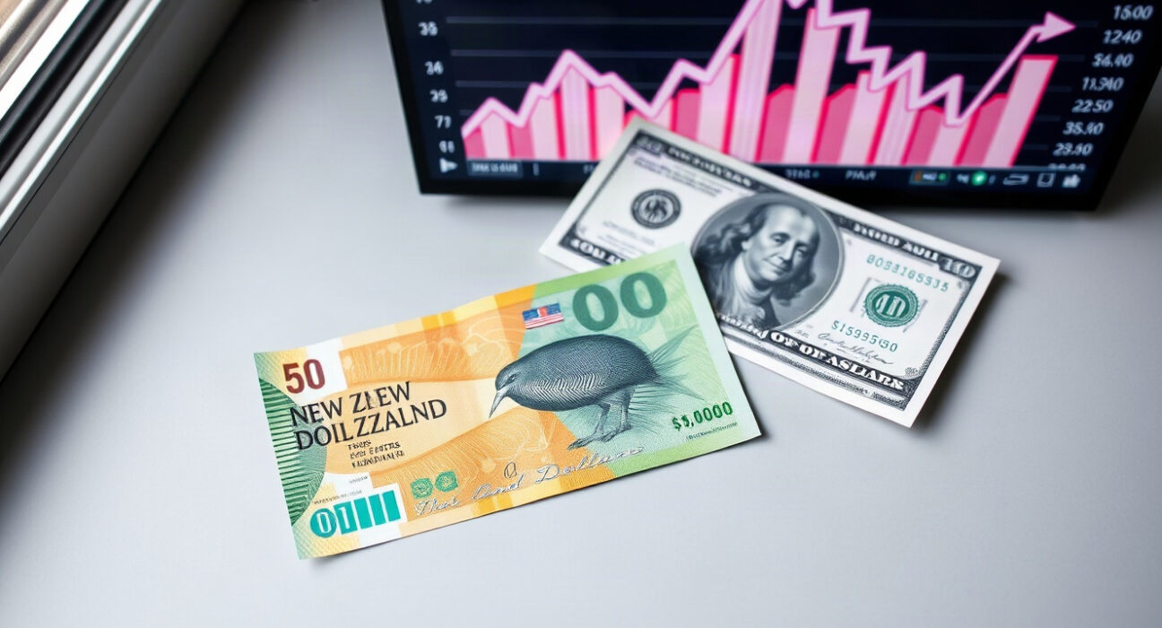 New Zealand dollar and US dollar banknotes on a neutral background, representing the NZD/USD currency pair.