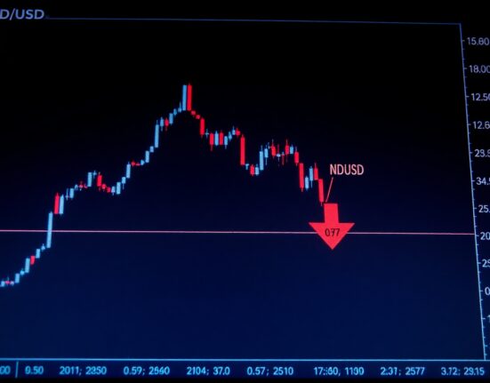 Bearish NZD/USD candlestick chart showing decline below 200-day SMA