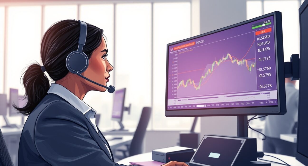 Professional trader analyzing NZD/USD price forecast and live charts on a trading desk.