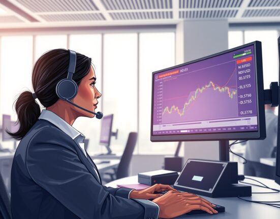 Professional trader analyzing NZD/USD price forecast and live charts on a trading desk.