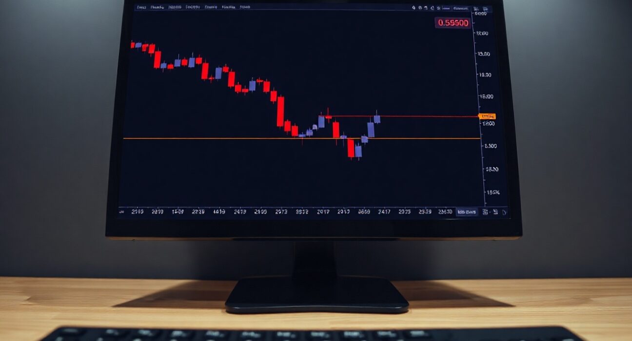NZD/USD forex chart showing price decline below moving averages toward 0.5850 support level on trading screen