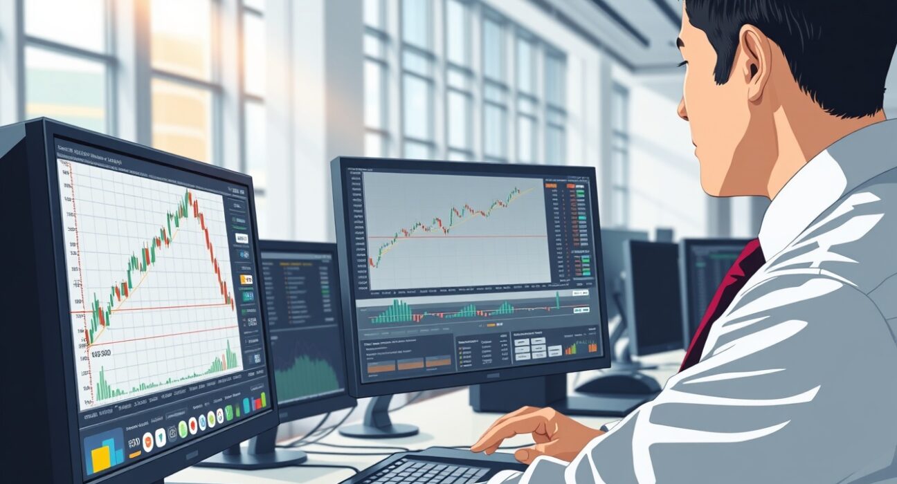 Professional trader analyzing NZD/USD price forecast on trading desk monitors showing bullish momentum near 0.5900 level