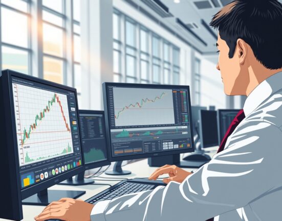 Professional trader analyzing NZD/USD price forecast on trading desk monitors showing bullish momentum near 0.5900 level