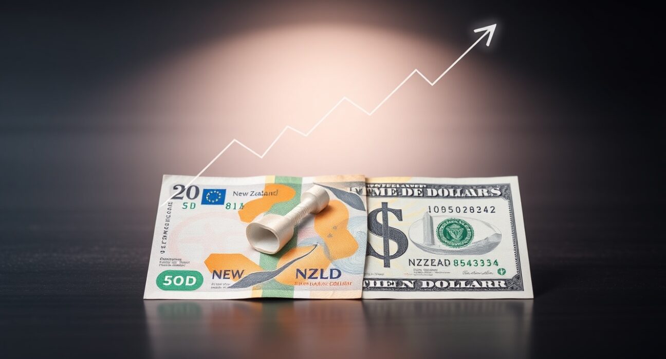 New Zealand and US dollar banknotes on a desk with a chart overlay representing NZD/USD price action.