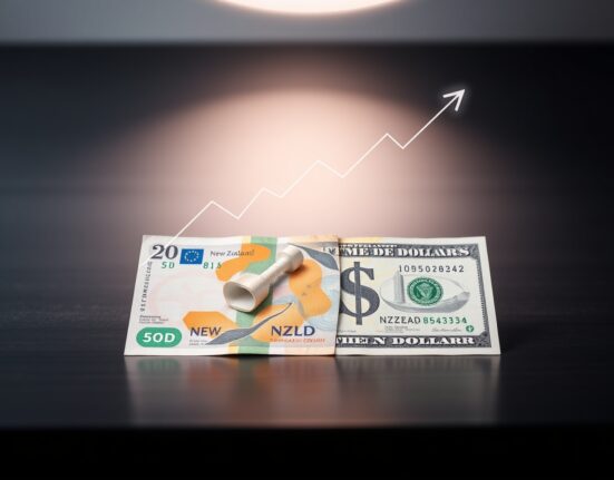 New Zealand and US dollar banknotes on a desk with a chart overlay representing NZD/USD price action.