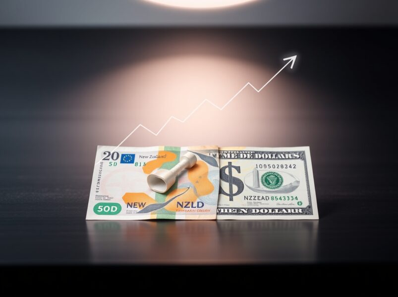 New Zealand and US dollar banknotes on a desk with a chart overlay representing NZD/USD price action.