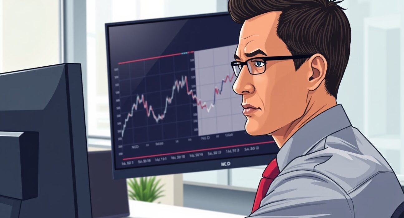 Financial analyst examining NZD/USD price forecast with declining 20-day EMA chart