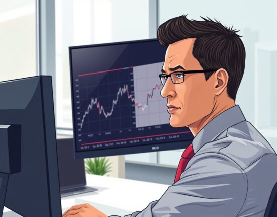 Financial analyst examining NZD/USD price forecast with declining 20-day EMA chart