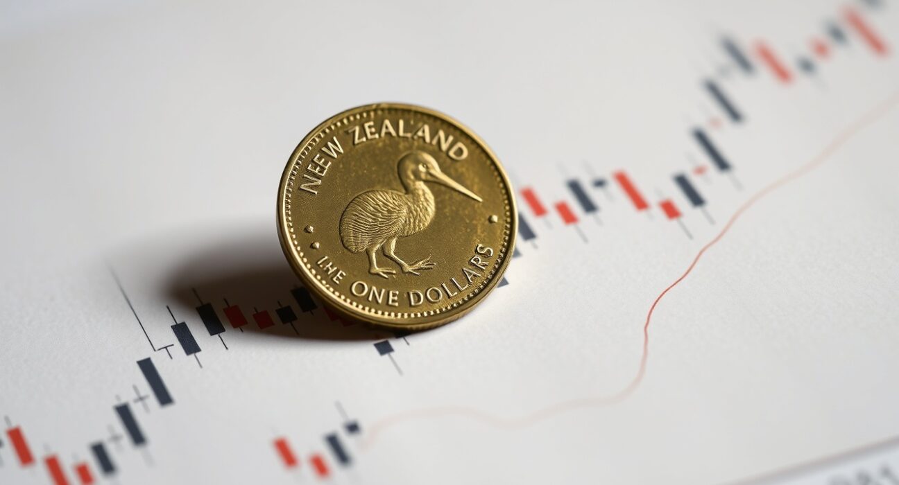 New Zealand dollar coin resting on a forex candlestick chart, representing NZD/USD market analysis.