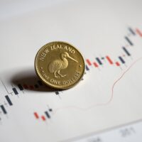 New Zealand dollar coin resting on a forex candlestick chart, representing NZD/USD market analysis.