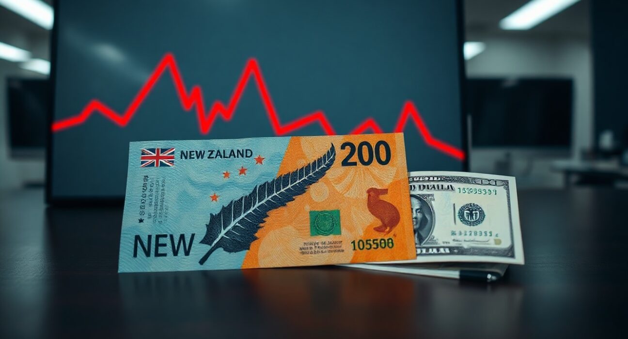 New Zealand and US dollar banknotes with a downward chart trend representing NZD/USD decline