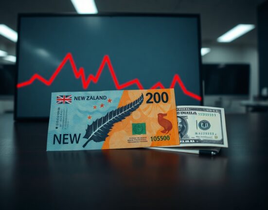 New Zealand and US dollar banknotes with a downward chart trend representing NZD/USD decline