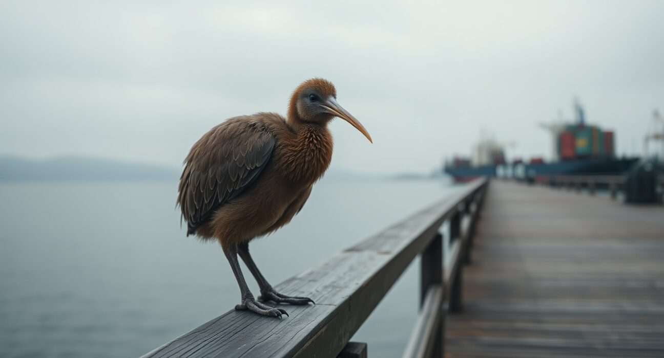 New Zealand Kiwi bird on pier railing at overcast harbor, representing NZD/USD uncertainty