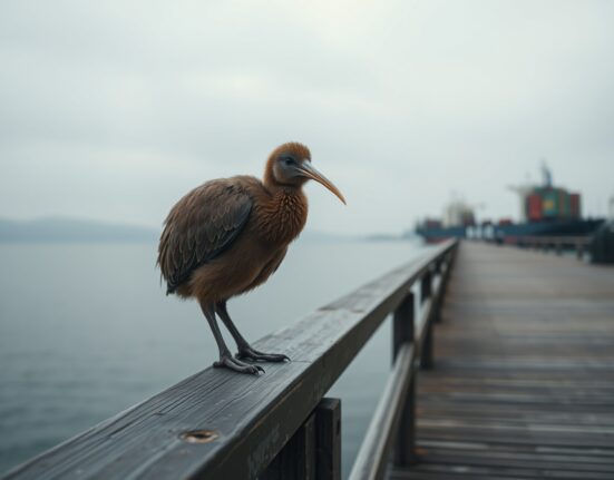 New Zealand Kiwi bird on pier railing at overcast harbor, representing NZD/USD uncertainty