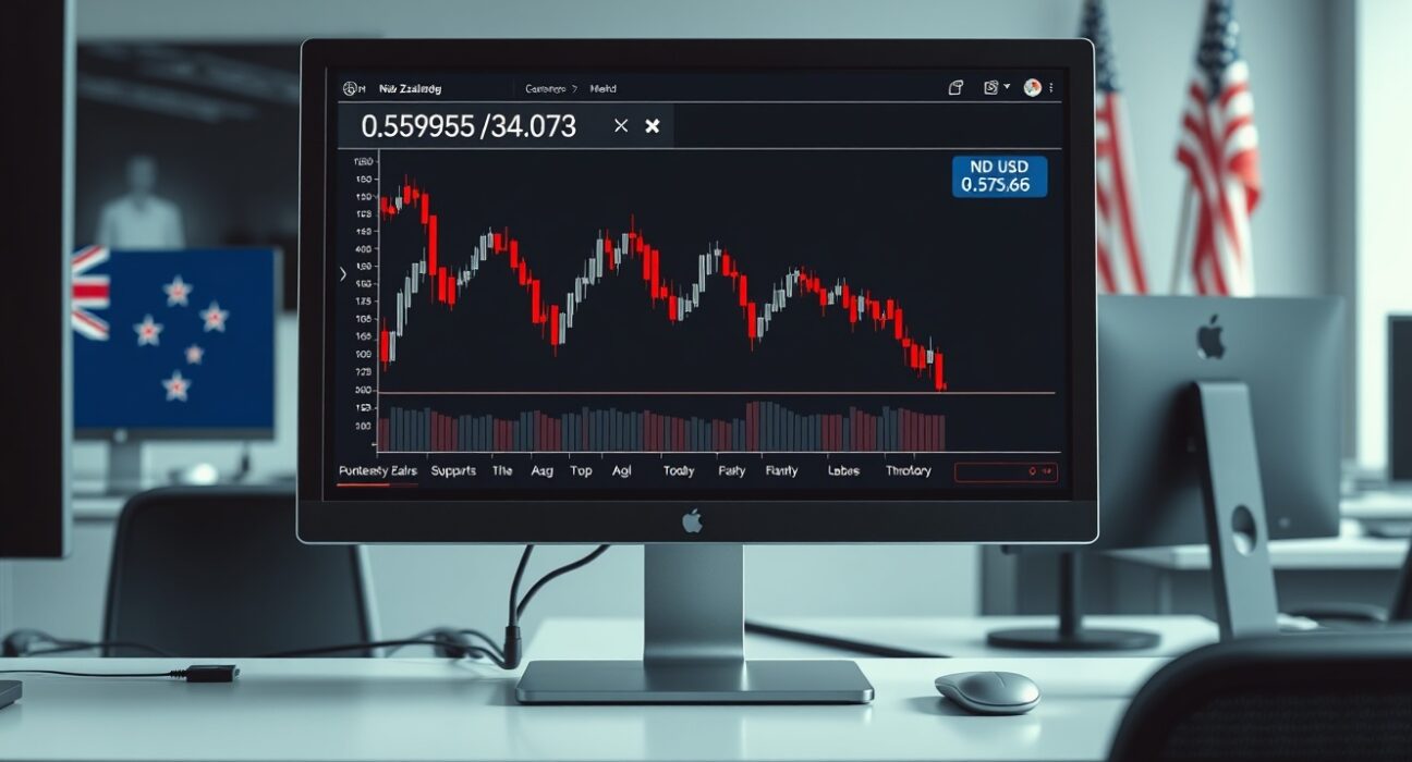 NZD/USD candlestick chart on trading monitor showing price correction toward 0.5965 support level