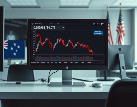 NZD/USD candlestick chart on trading monitor showing price correction toward 0.5965 support level