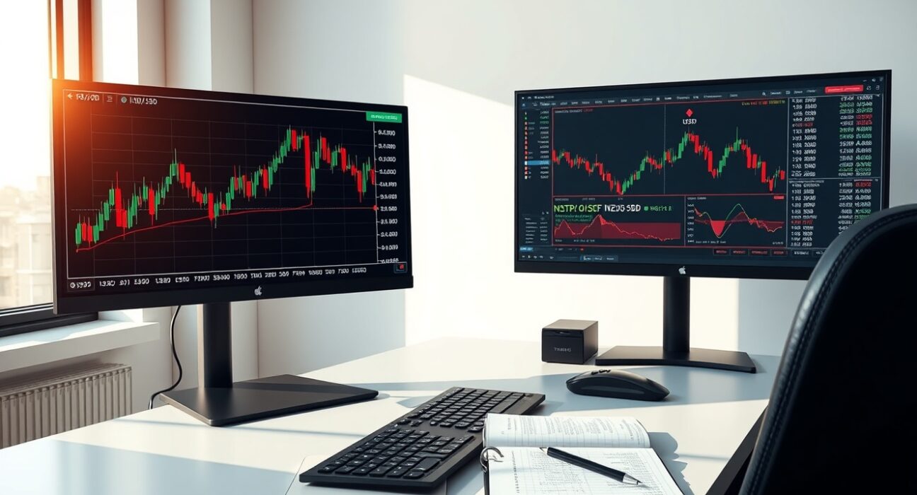 Professional forex trading station analyzing NZD/USD currency pair with technical charts showing key support and resistance levels.