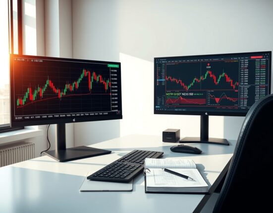 Professional forex trading station analyzing NZD/USD currency pair with technical charts showing key support and resistance levels.
