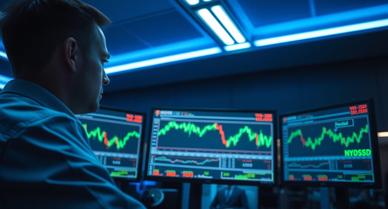 Trader monitoring NZD/USD exchange rate charts on multiple screens in a modern trading floor