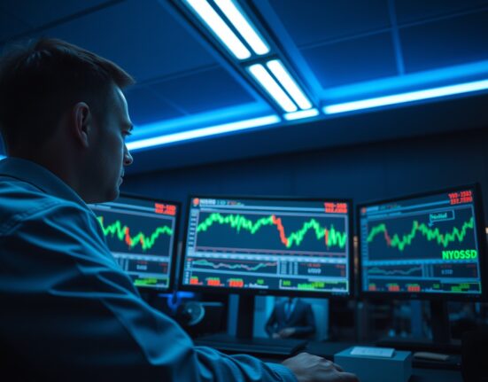 Trader monitoring NZD/USD exchange rate charts on multiple screens in a modern trading floor