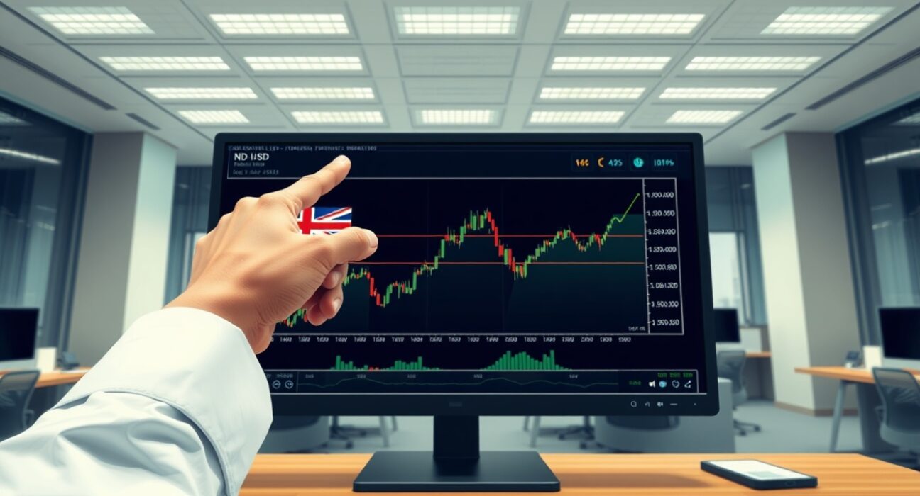 NZD/USD currency chart showing an unexpected rally on a financial trading desk monitor.