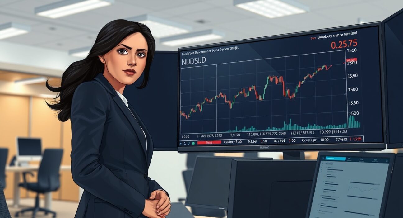 Trader analyzes NZD/USD forex chart rallying to 0.5850 on RBNZ news.