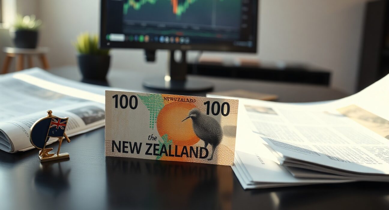 New Zealand Dollar banknote on desk with financial charts and flag, representing NZD/USD currency rally.