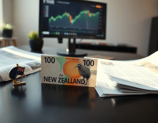 New Zealand Dollar banknote on desk with financial charts and flag, representing NZD/USD currency rally.