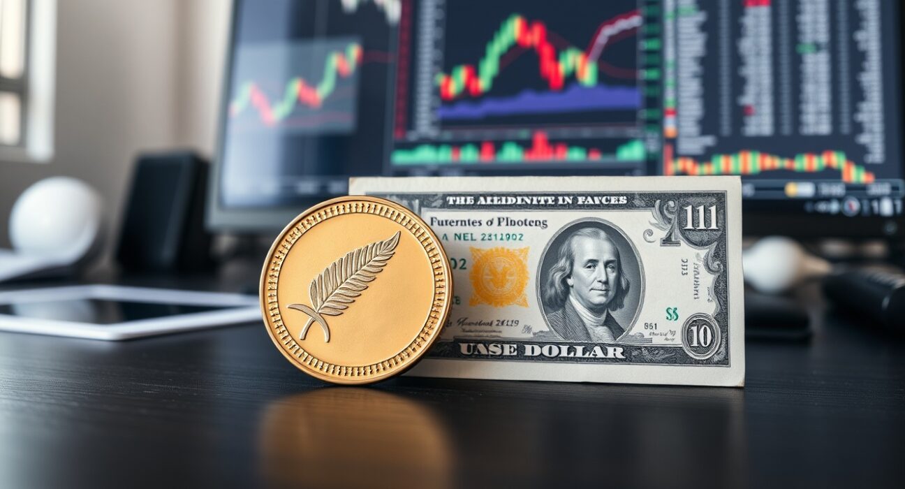 New Zealand dollar coin and US dollar bill on a desk with financial charts in the background.