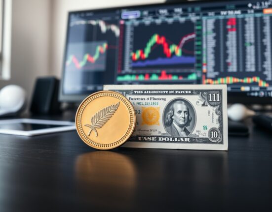 New Zealand dollar coin and US dollar bill on a desk with financial charts in the background.