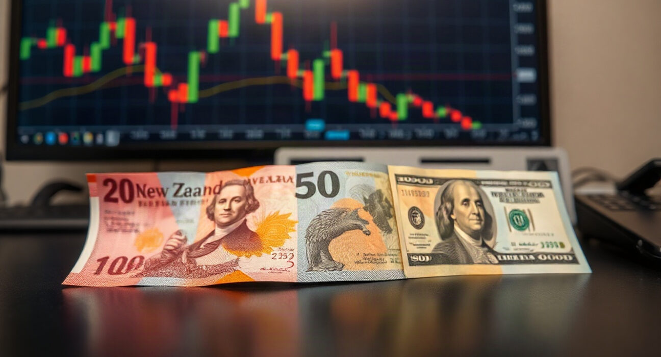 New Zealand and US dollar banknotes side by side, symbolizing the NZD/USD exchange rate.