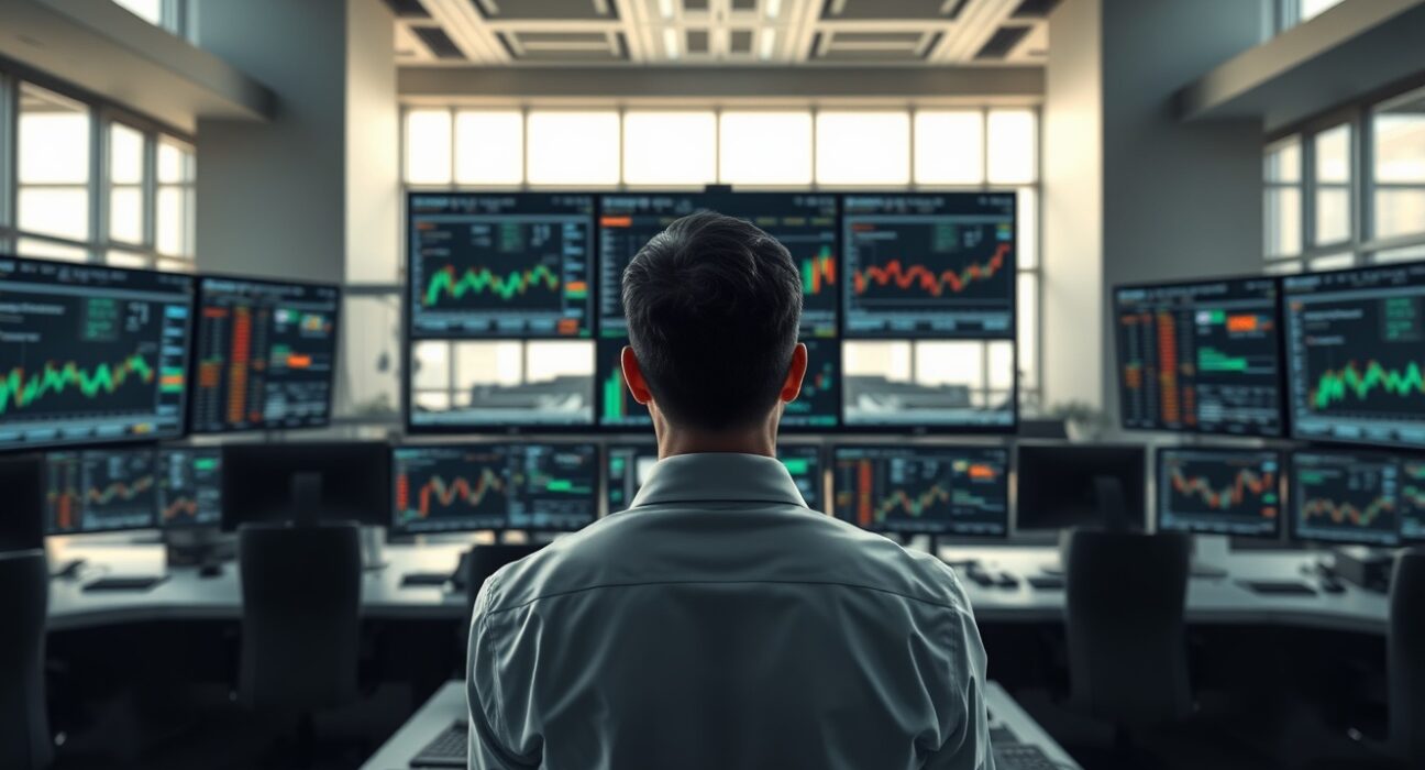 Forex trader analyzing NZD/USD rebound on trading desk monitors during market volatility.