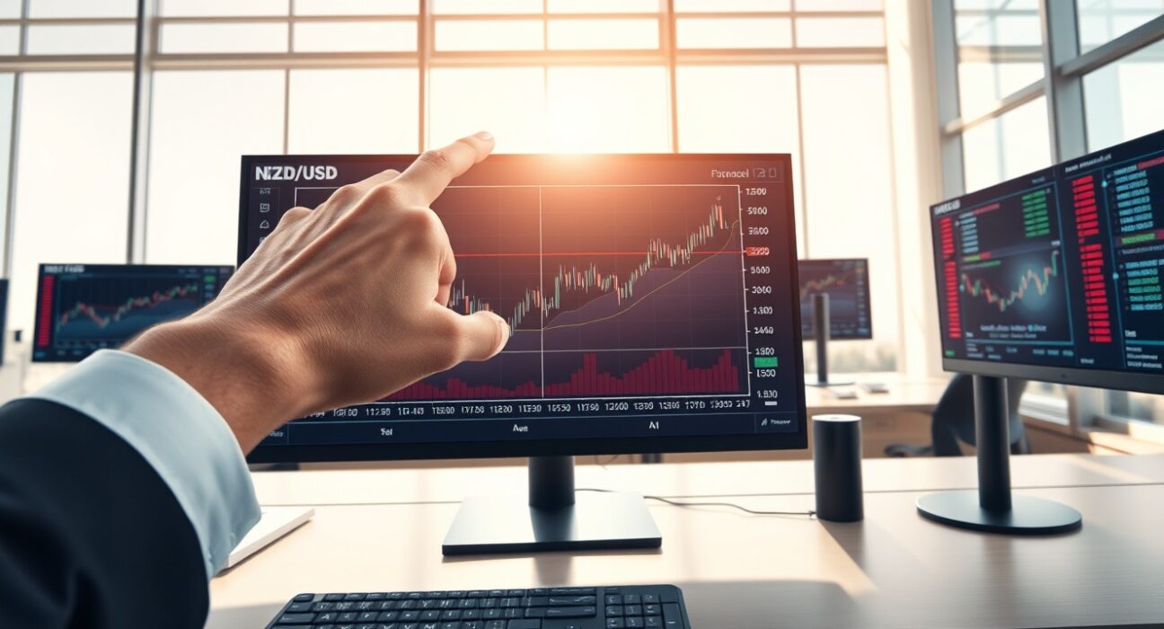 NZD/USD forex trading analysis showing currency pair rebound on trading desk monitors